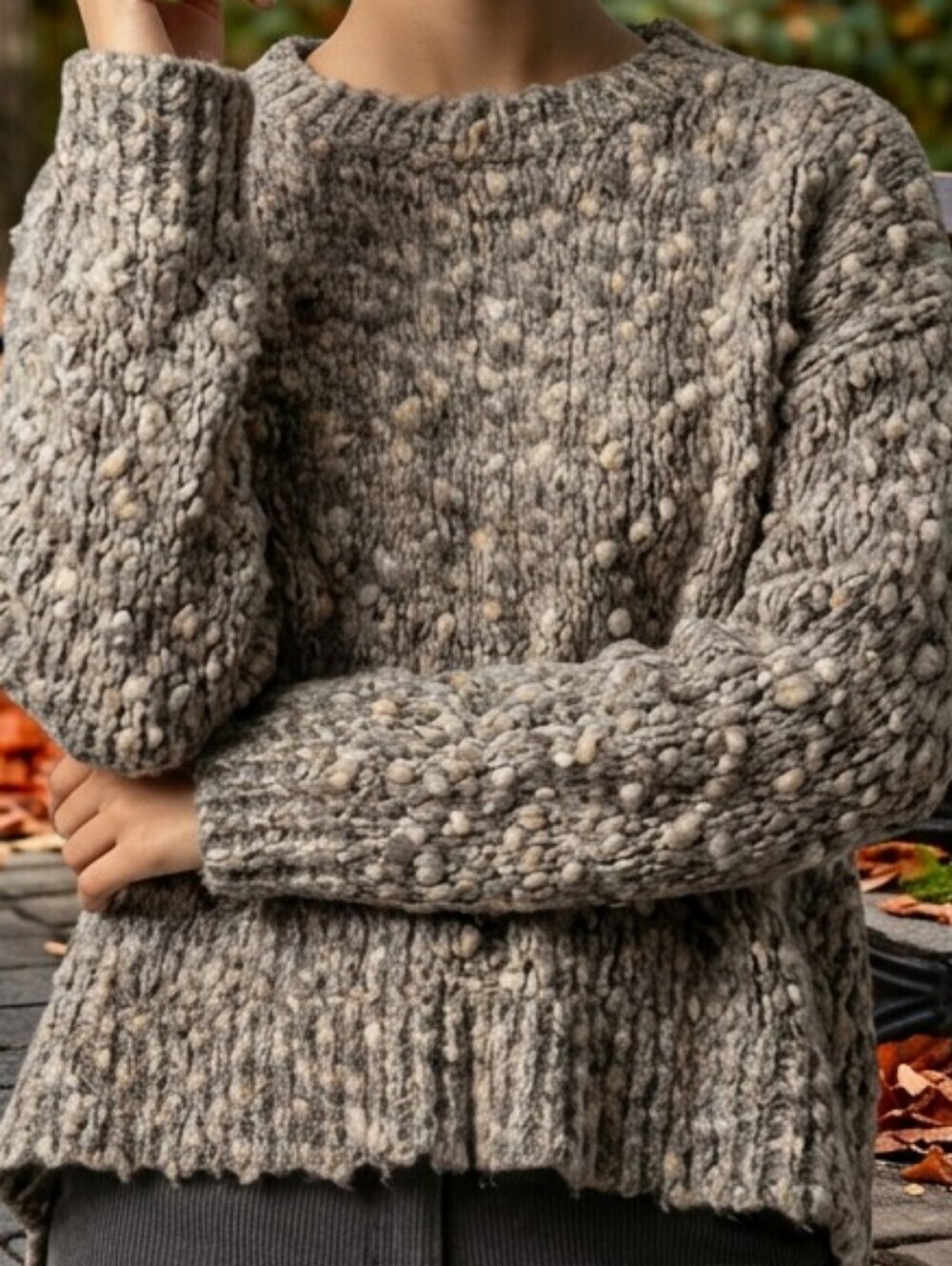 Women's J.Jill Gorpcore Gray & Beige Pebbke Knit Crew Neck Wool Sweater, Size S